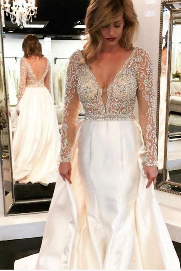 A-line V-neck See Through Bodice Beaded Long Sleeves Wedding Dresses WD454 - Image 2