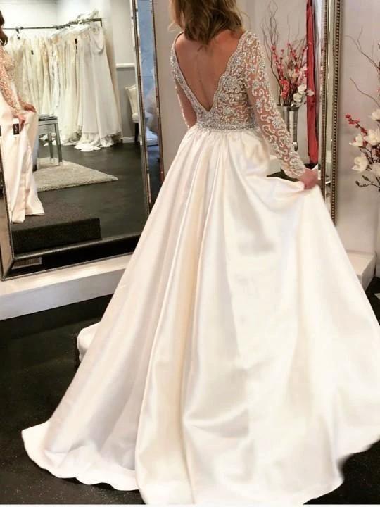 A-line V-neck See Through Bodice Beaded Long Sleeves Wedding Dresses WD454 - Image 3