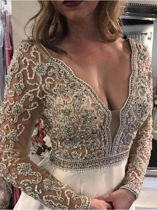 A-line V-neck See Through Bodice Beaded Long Sleeves Wedding Dresses WD454 - Image 4