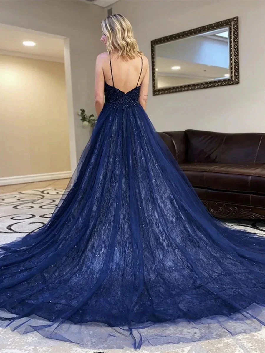 A-line V Neck Sequins Backless Tulle Long Prom Dresses Dark Navy Formal Evening Gowns - Image 2