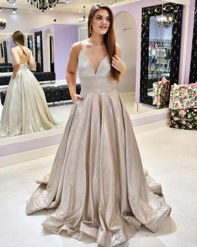 A-line V-neck Sequins Floor Length Evening Dress with Spaghetti Straps - Image 3