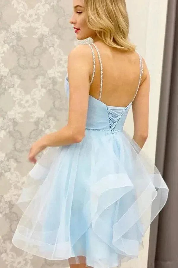 A Line V Neck Short Blue Prom Dresses Tulle Homecoming Dresses PD457 - Image 2