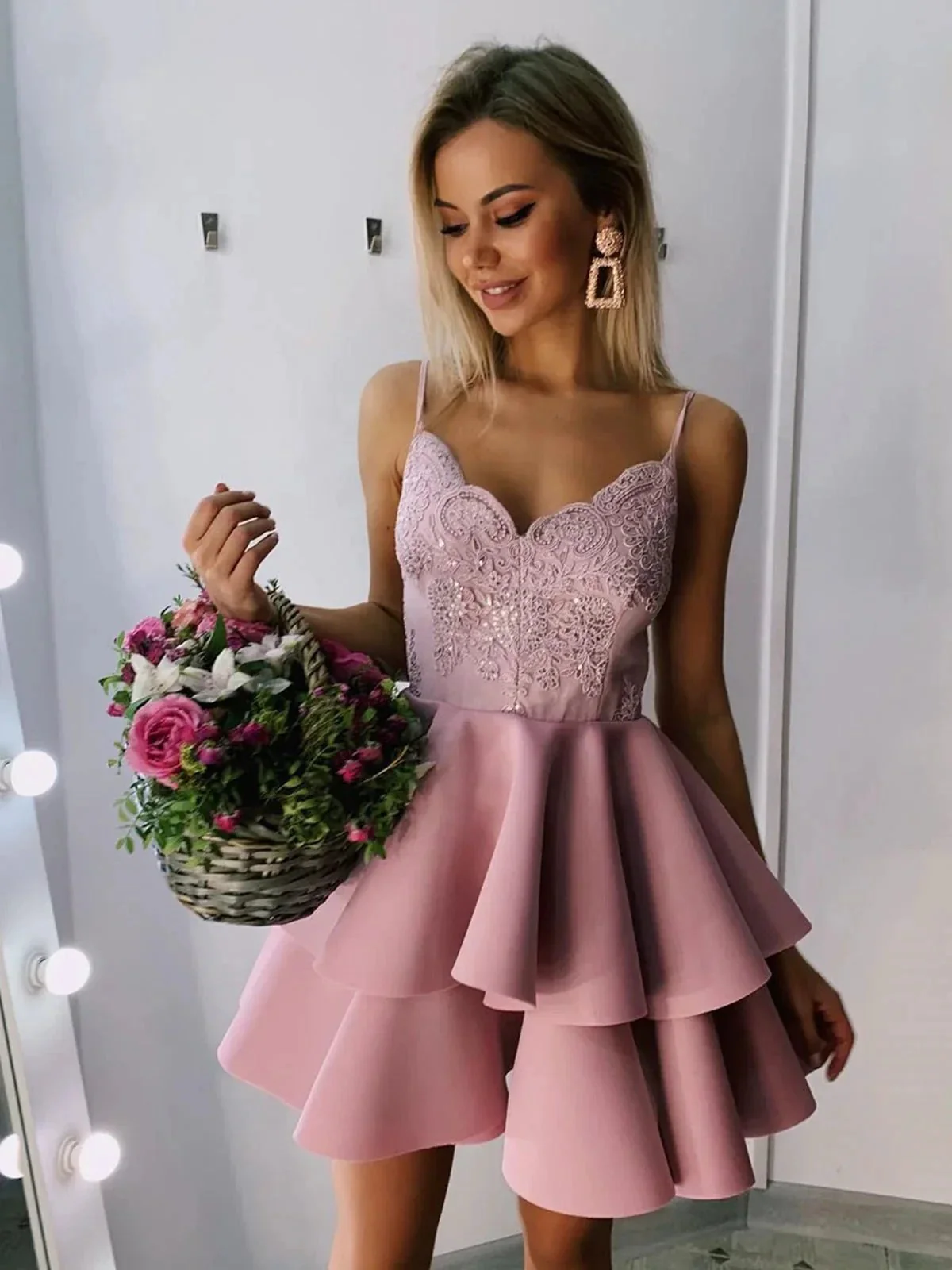 A Line V Neck Short Lace Satin Prom Formal Homecoming Dresses - Image 2