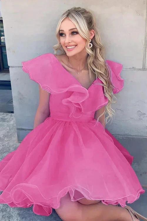A Line V Neck Organza Ruffles Homecoming Dress - Image 4