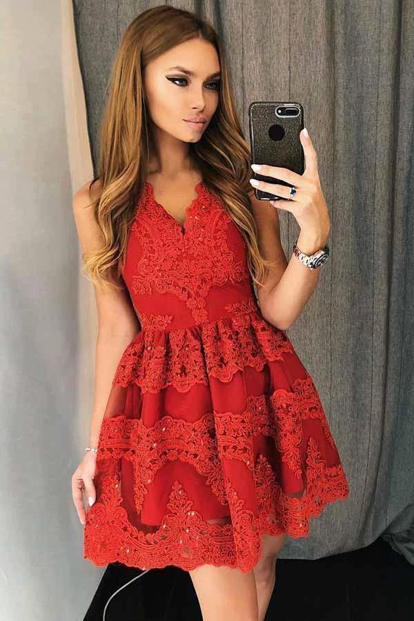 A-Line V-Neck Short Red Tulle Homecoming Dress with Appliques Beading PD082 - Image 2