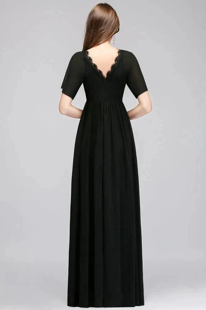 A-line V-neck Short Sleeves Long Black Chiffon Bridesmaid Dress - Image 2