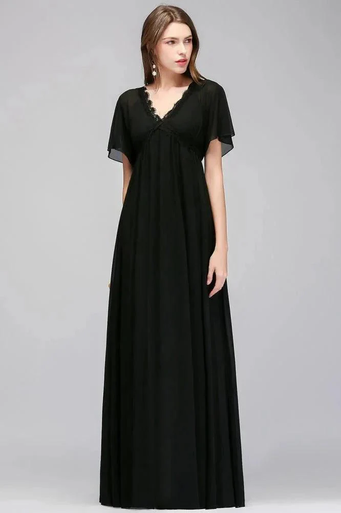 A-line V-neck Short Sleeves Long Black Chiffon Bridesmaid Dress - Image 3