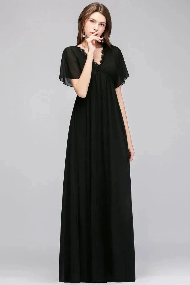 A-line V-neck Short Sleeves Long Black Chiffon Bridesmaid Dress - Image 4