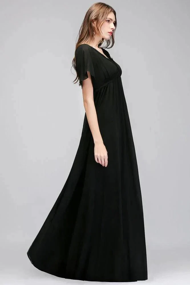 A-line V-neck Short Sleeves Long Black Chiffon Bridesmaid Dress - Image 5