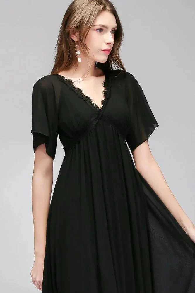 A-line V-neck Short Sleeves Long Black Chiffon Bridesmaid Dress - Image 6