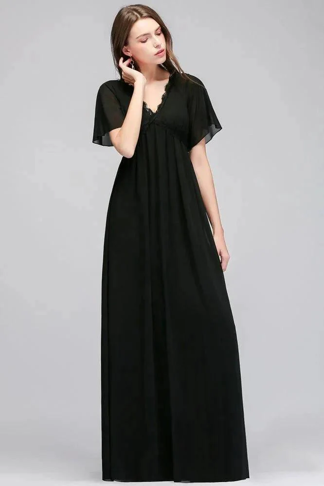 A-line V-neck Short Sleeves Long Black Chiffon Bridesmaid Dress - Image 7