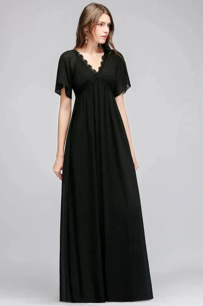 A-line V-neck Short Sleeves Long Black Chiffon Bridesmaid Dress - Image 8