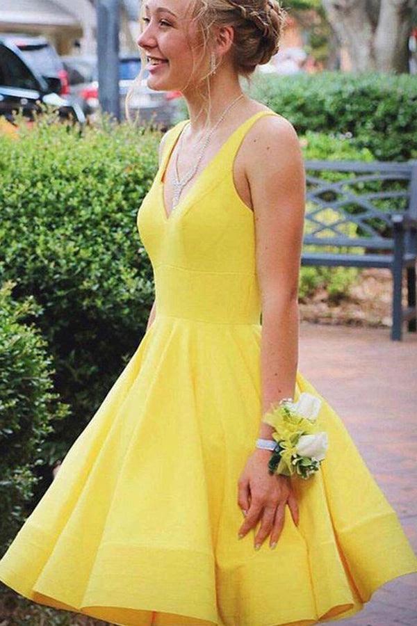 A Line V Neck Short Yellow Prom Dresses Satin Homecoming Dresses PD467 - Image 2