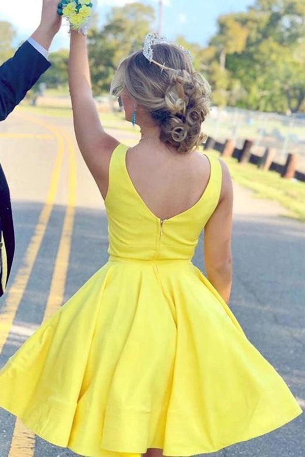 A Line V Neck Short Yellow Prom Dresses Satin Homecoming Dresses PD467 - Image 3