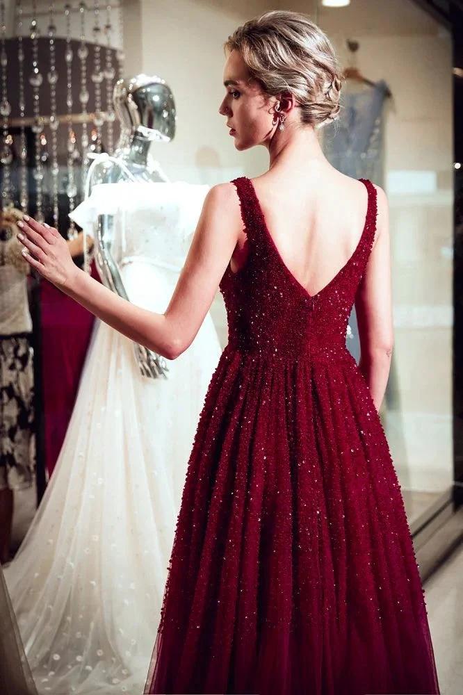 A-line V-neck Sleeveless Burgundy Sequins Tulle Evening Dress - Image 2