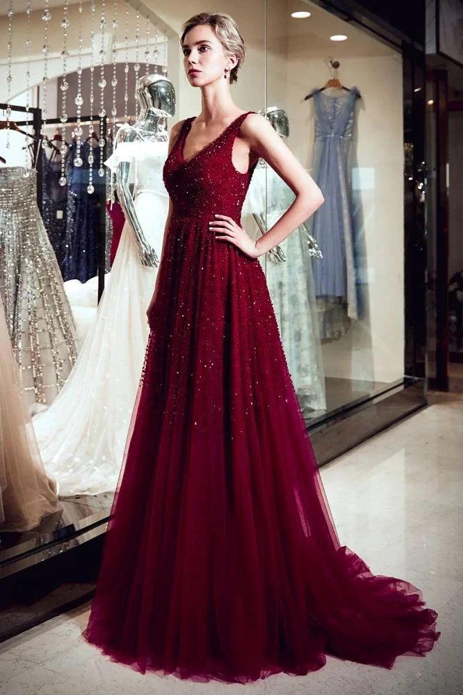A-line V-neck Sleeveless Burgundy Sequins Tulle Evening Dress - Image 3
