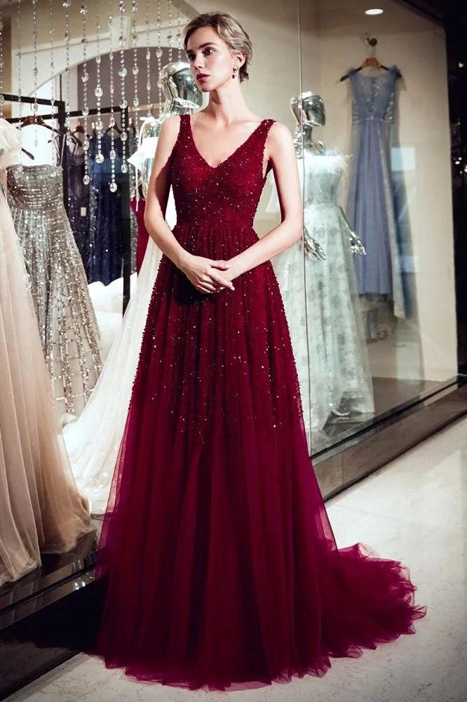 A-line V-neck Sleeveless Burgundy Sequins Tulle Evening Dress - Image 4