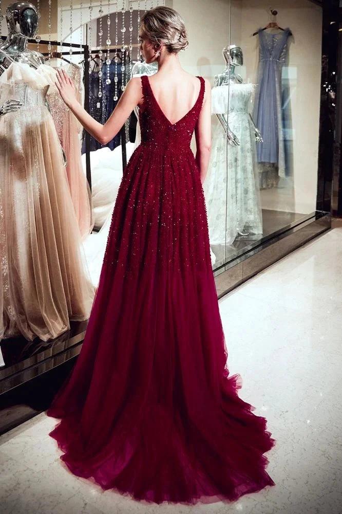 A-line V-neck Sleeveless Burgundy Sequins Tulle Evening Dress - Image 5