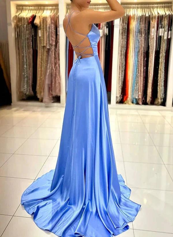Simple Long A-Line V-Neck Sleeveless Satin Prom Dress With Split - Image 2