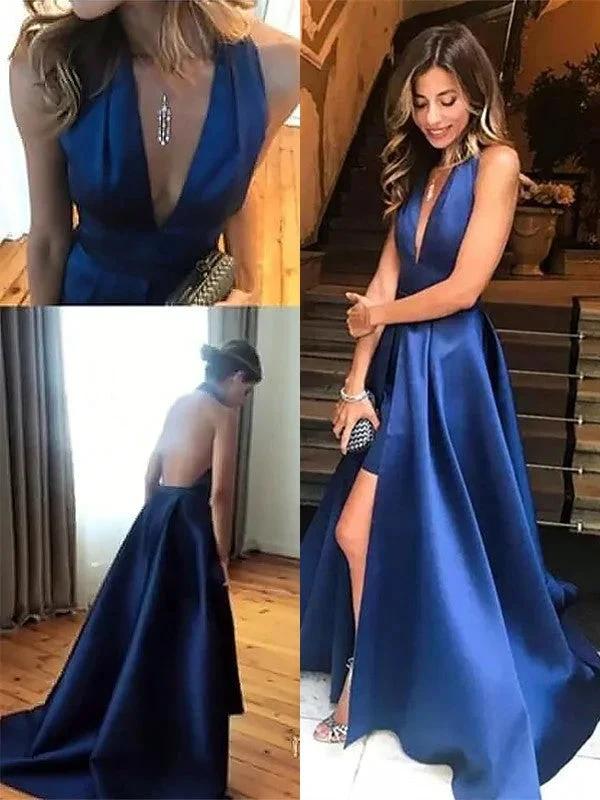 A-Line V-neck Sleeveless With Ruffles Satin Prom Dresses - Image 2