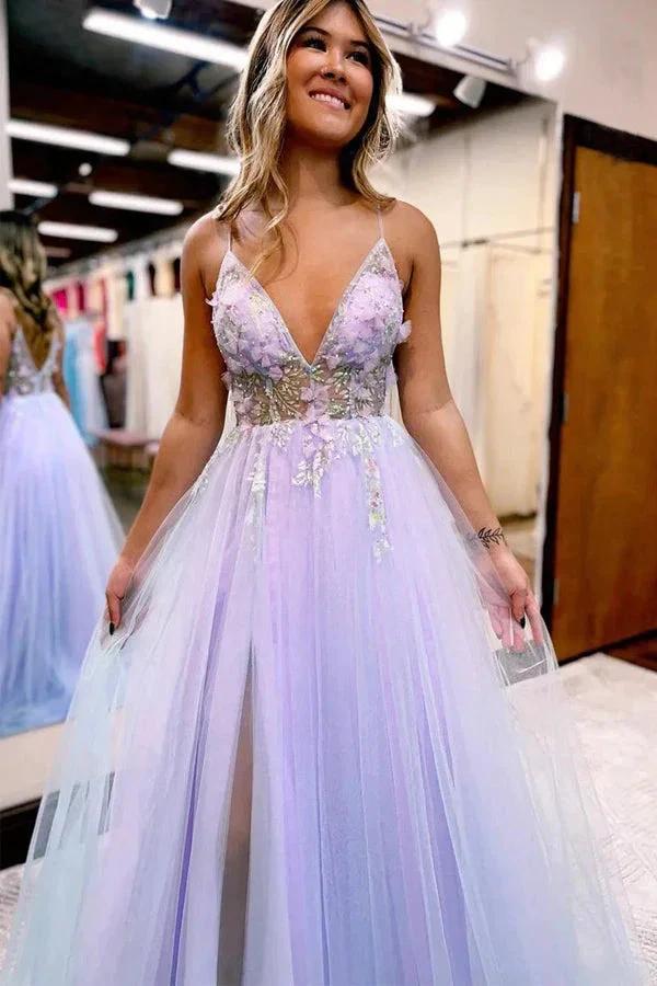 A-line V-Neck Spaghetti Straps Slit Tulle Prom Dress PSK523 - Image 2