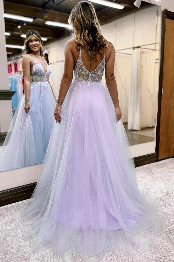 A-line V-Neck Spaghetti Straps Slit Tulle Prom Dress PSK523 - Image 3