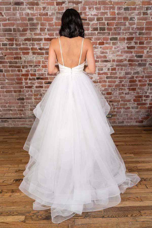 V-neck Straps Floor Length White Satin Wedding Dress with Ruffless  WD425 - Image 2