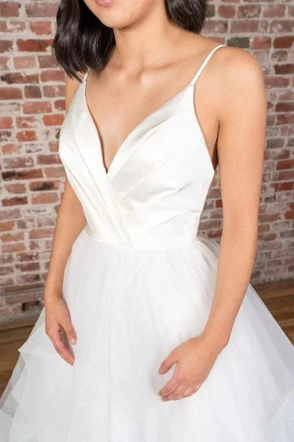 V-neck Straps Floor Length White Satin Wedding Dress with Ruffless  WD425 - Image 3