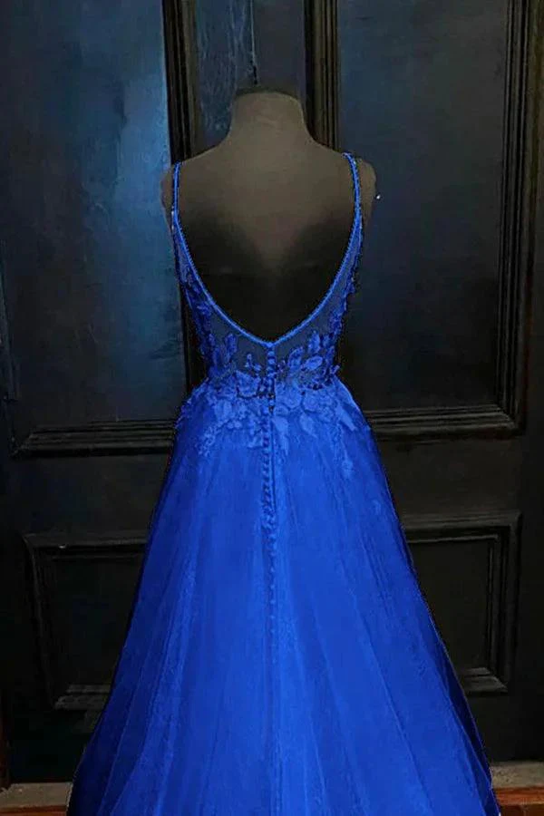 A-line V Neck Straps Tulle Royal Blue Prom Dress With Appliques PSK388 - Image 2