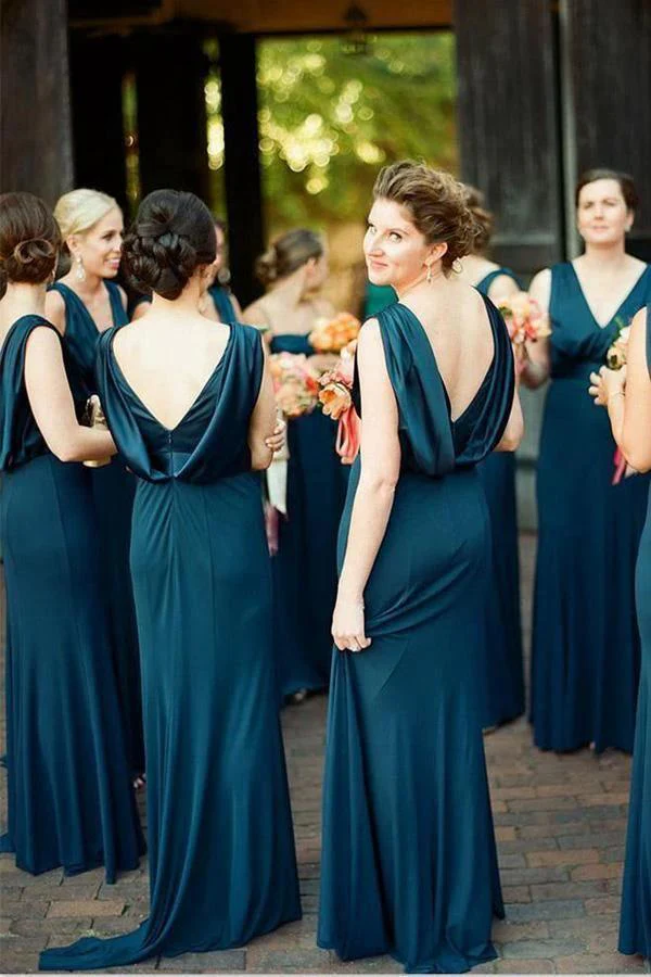 A-Line V-Neck Sweep Train Backless Navy Blue Bridesmaid Dress BD081 - Image 2