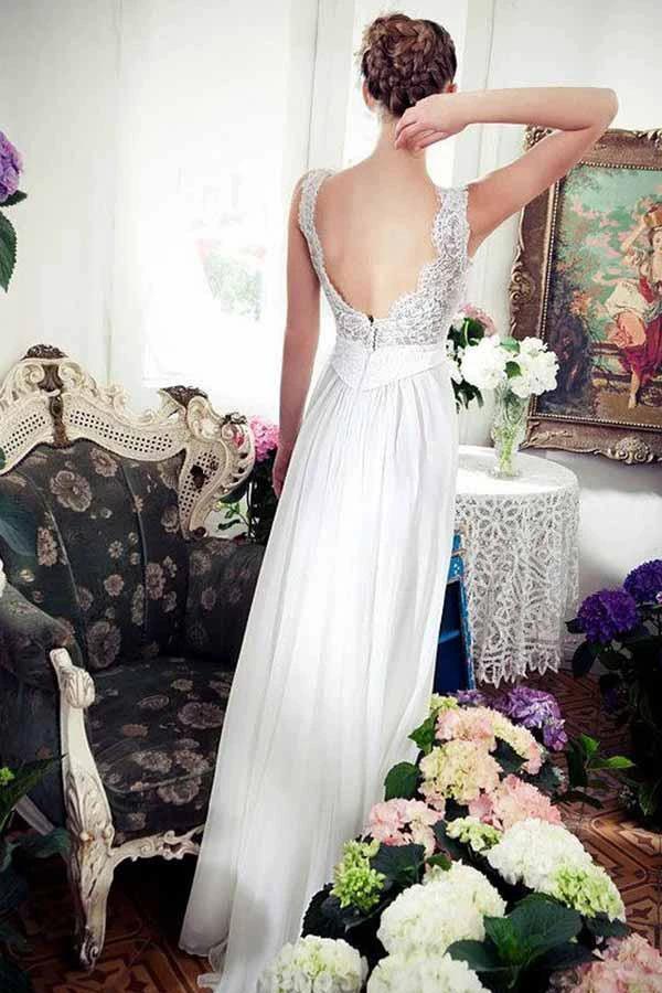 A-Line V-Neck Sweep Train Chiffon Beach Wedding Dress with Lace WD262 - Image 2