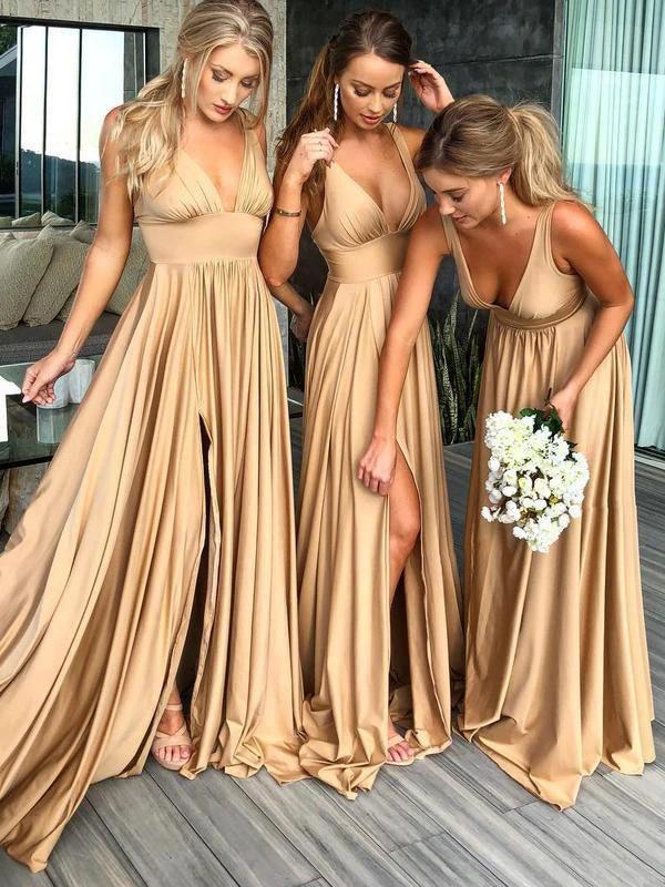A-Line V-Neck Sweep Train Straw Spandex Prom Party Dress with Split PG658 - Image 2