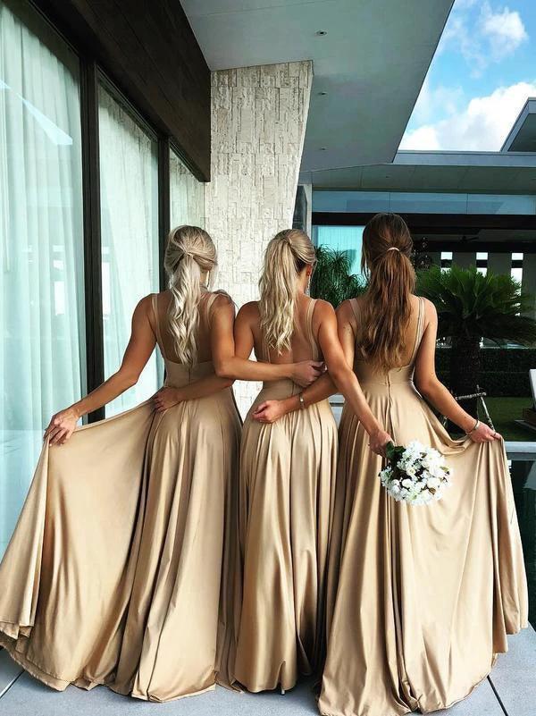 A-Line V-Neck Sweep Train Straw Spandex Prom Party Dress with Split PG658 - Image 7