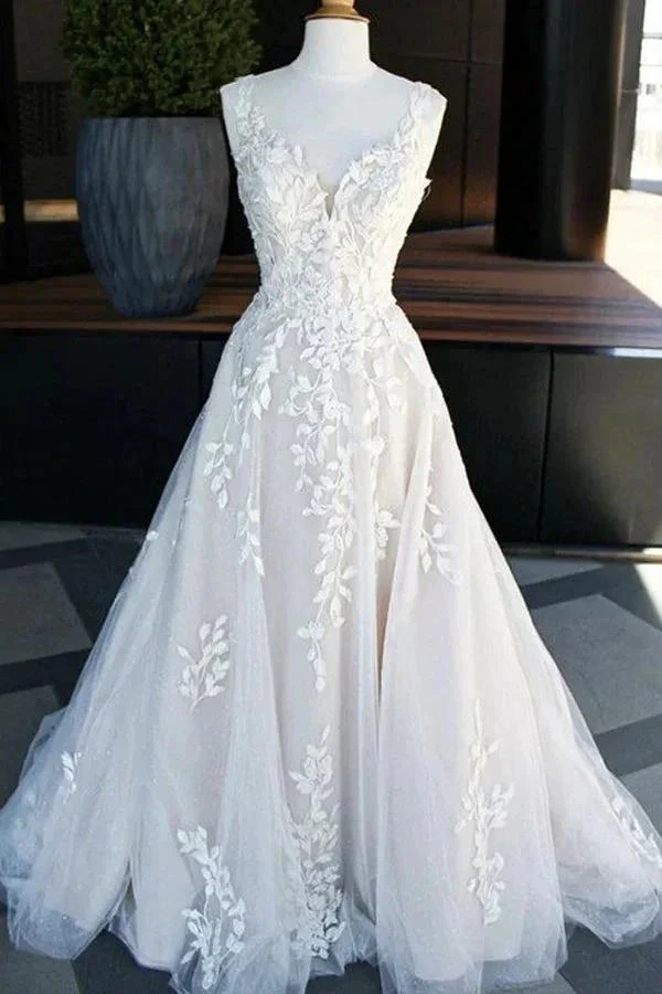 A-line V -neck Sweep Train Wedding Dresses With Lace Appliques WD698 - Image 2