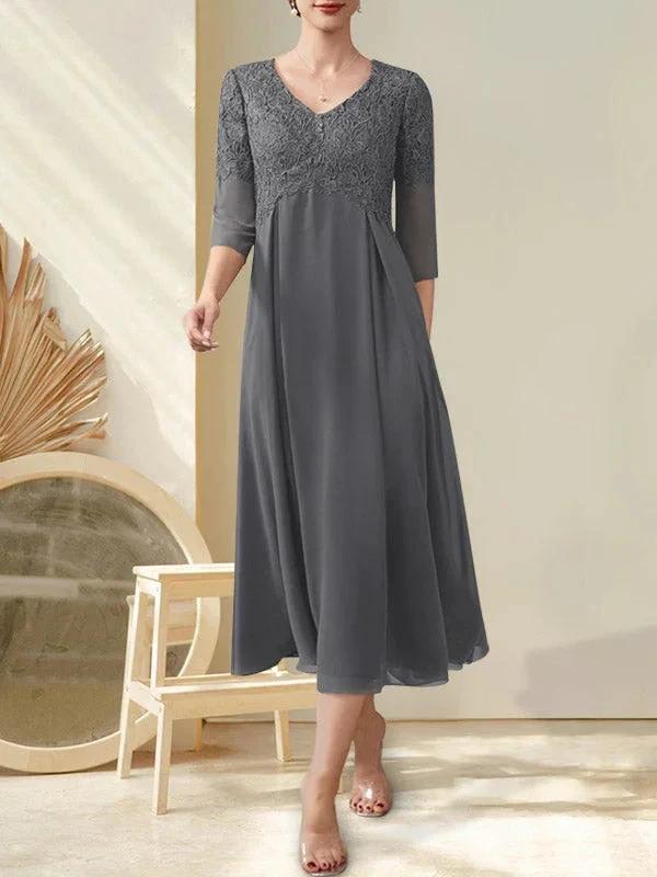 A-line V-Neck Tea-Length Chiffon Lace Mother of the Bride Dress With Beading - Image 10