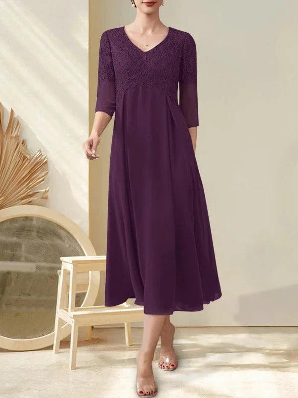 A-line V-Neck Tea-Length Chiffon Lace Mother of the Bride Dress With Beading - Image 11