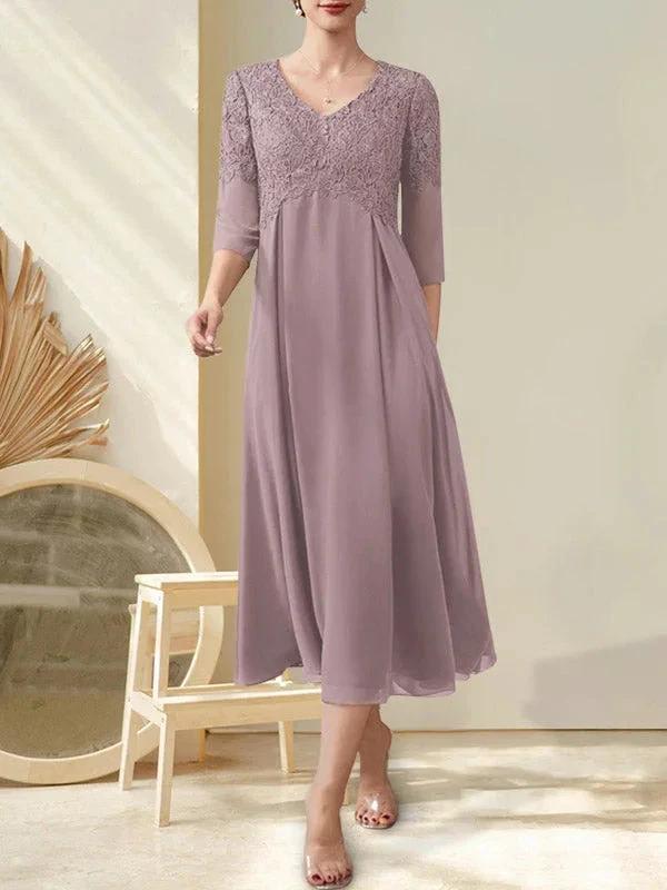 A-line V-Neck Tea-Length Chiffon Lace Mother of the Bride Dress With Beading - Image 12