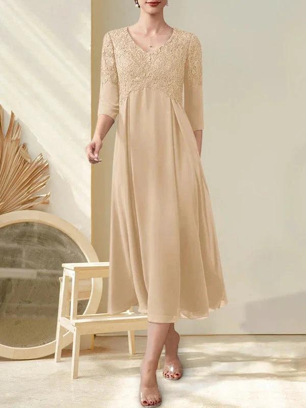 A-line V-Neck Tea-Length Chiffon Lace Mother of the Bride Dress With Beading - Image 13