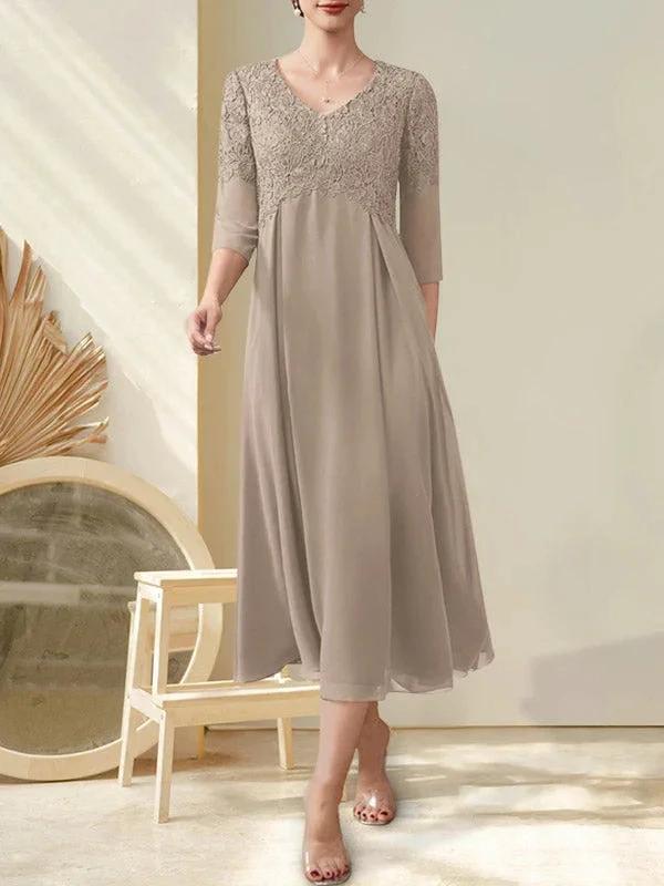 A-line V-Neck Tea-Length Chiffon Lace Mother of the Bride Dress With Beading - Image 14