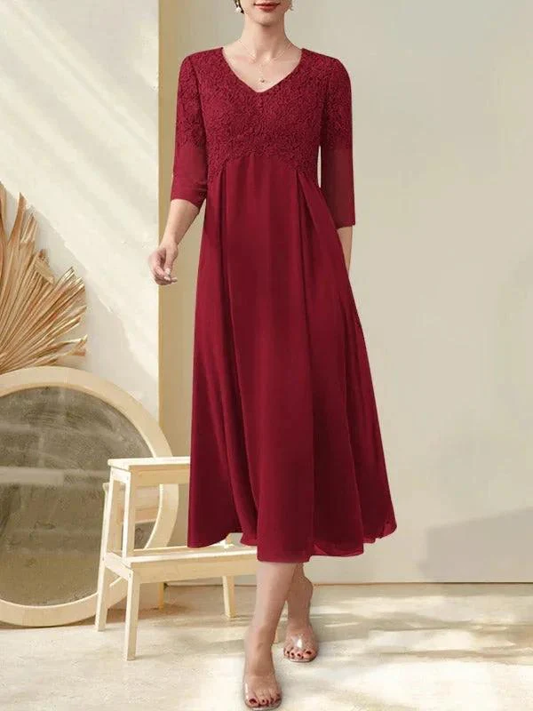 A-line V-Neck Tea-Length Chiffon Lace Mother of the Bride Dress With Beading - Image 15