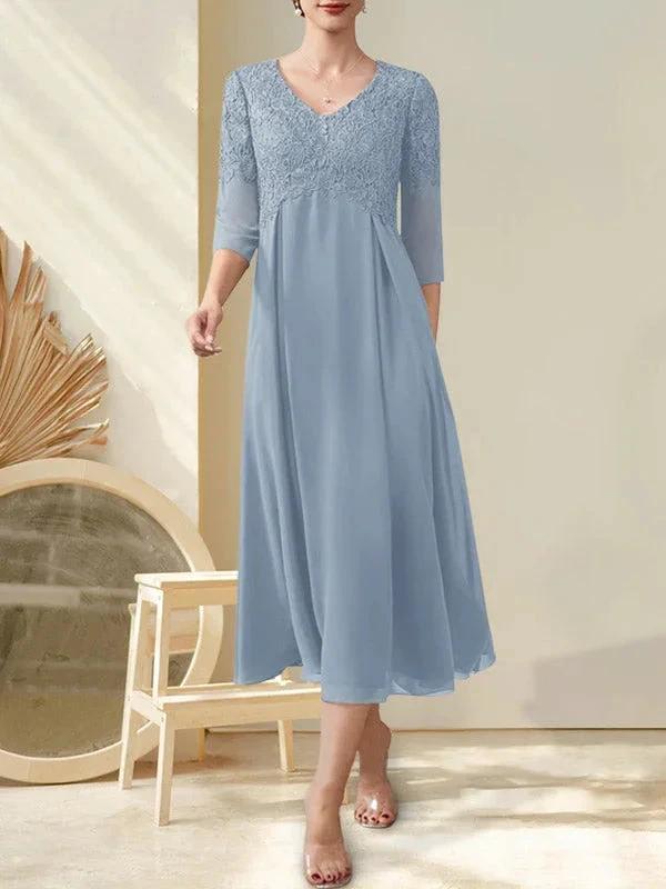 A-line V-Neck Tea-Length Chiffon Lace Mother of the Bride Dress With Beading - Image 16
