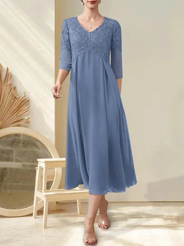A-line V-Neck Tea-Length Chiffon Lace Mother of the Bride Dress With Beading - Image 17