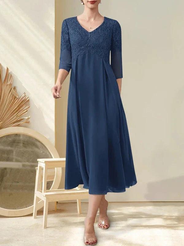 A-line V-Neck Tea-Length Chiffon Lace Mother of the Bride Dress With Beading - Image 18