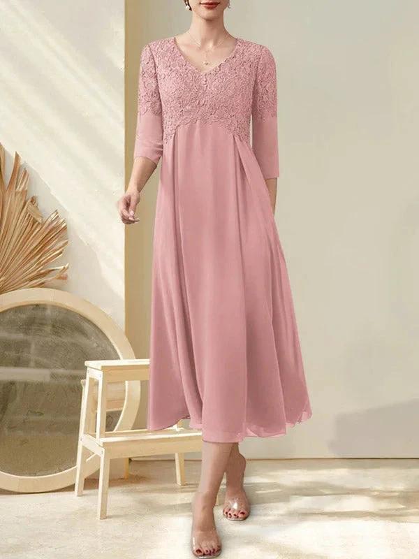 A-line V-Neck Tea-Length Chiffon Lace Mother of the Bride Dress With Beading - Image 19
