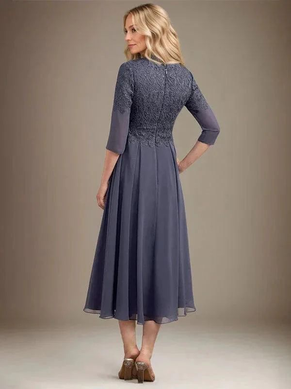 A-line V-Neck Tea-Length Chiffon Lace Mother of the Bride Dress With Beading - Image 2