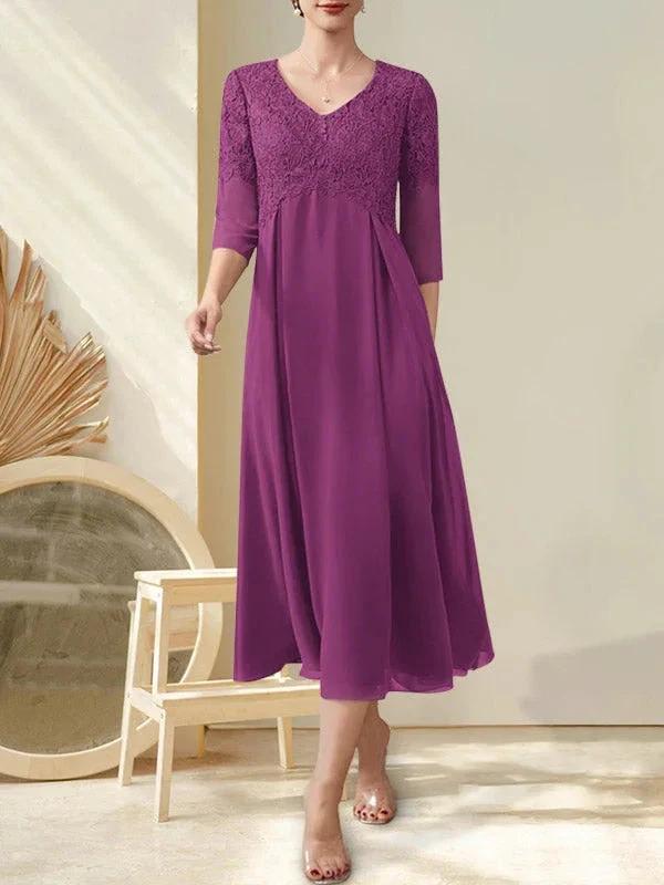 A-line V-Neck Tea-Length Chiffon Lace Mother of the Bride Dress With Beading - Image 20