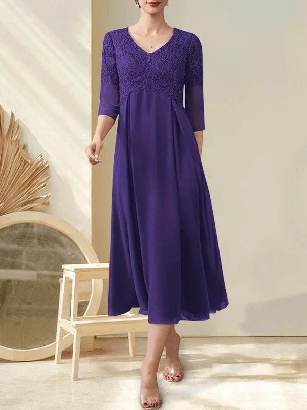 A-line V-Neck Tea-Length Chiffon Lace Mother of the Bride Dress With Beading - Image 21