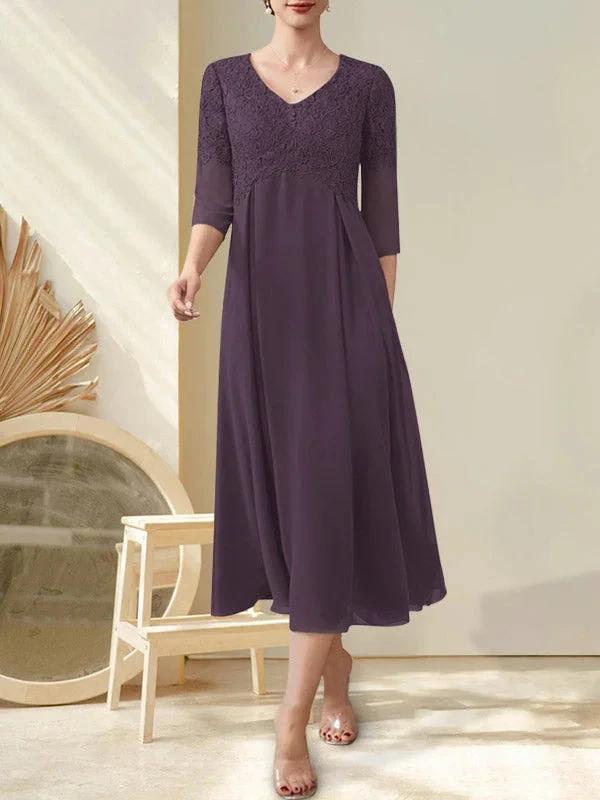 A-line V-Neck Tea-Length Chiffon Lace Mother of the Bride Dress With Beading - Image 22