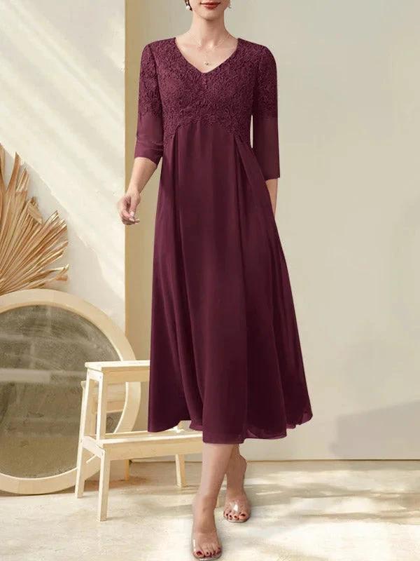 A-line V-Neck Tea-Length Chiffon Lace Mother of the Bride Dress With Beading - Image 23