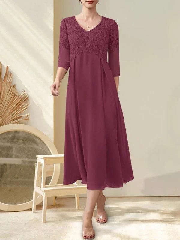 A-line V-Neck Tea-Length Chiffon Lace Mother of the Bride Dress With Beading - Image 24